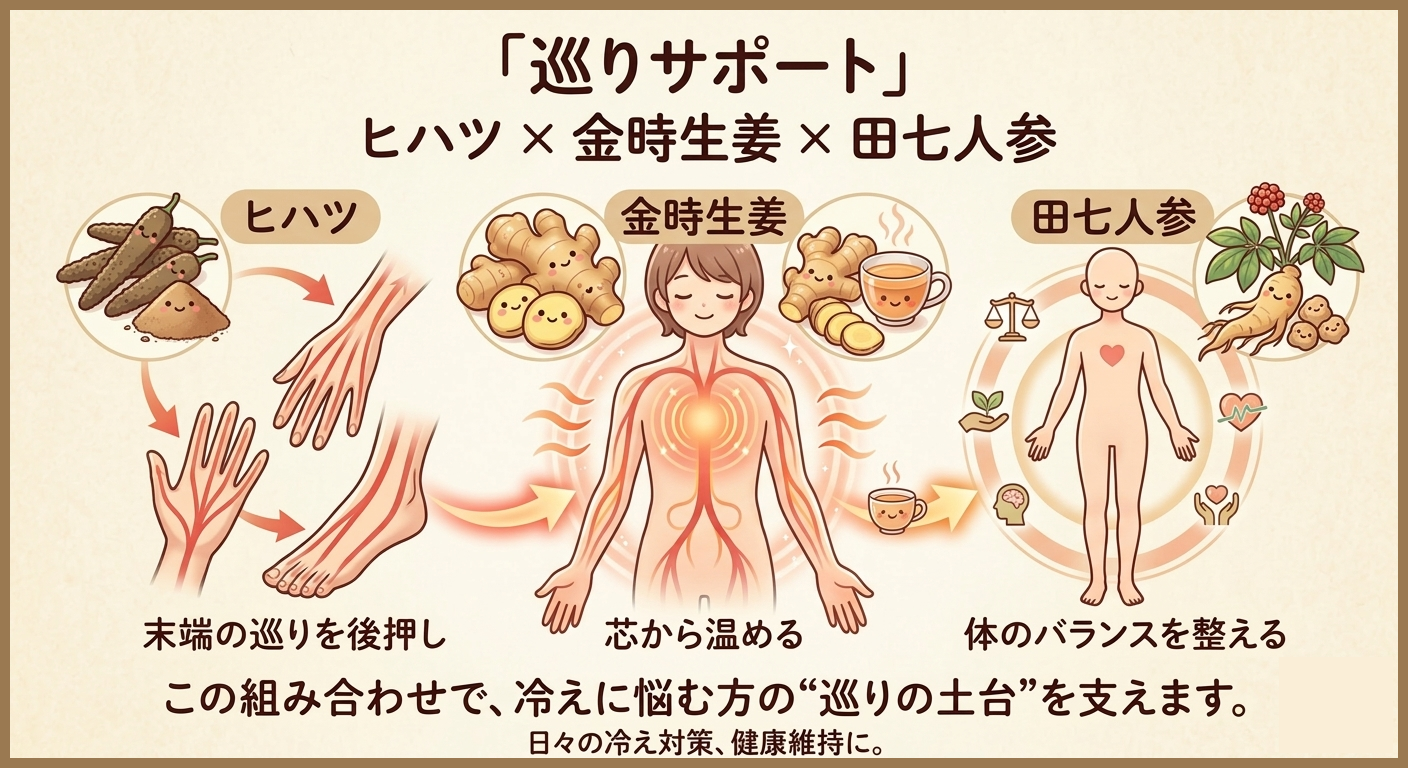 ヒハツ × 金時生姜 × 田七人参の巡り成分