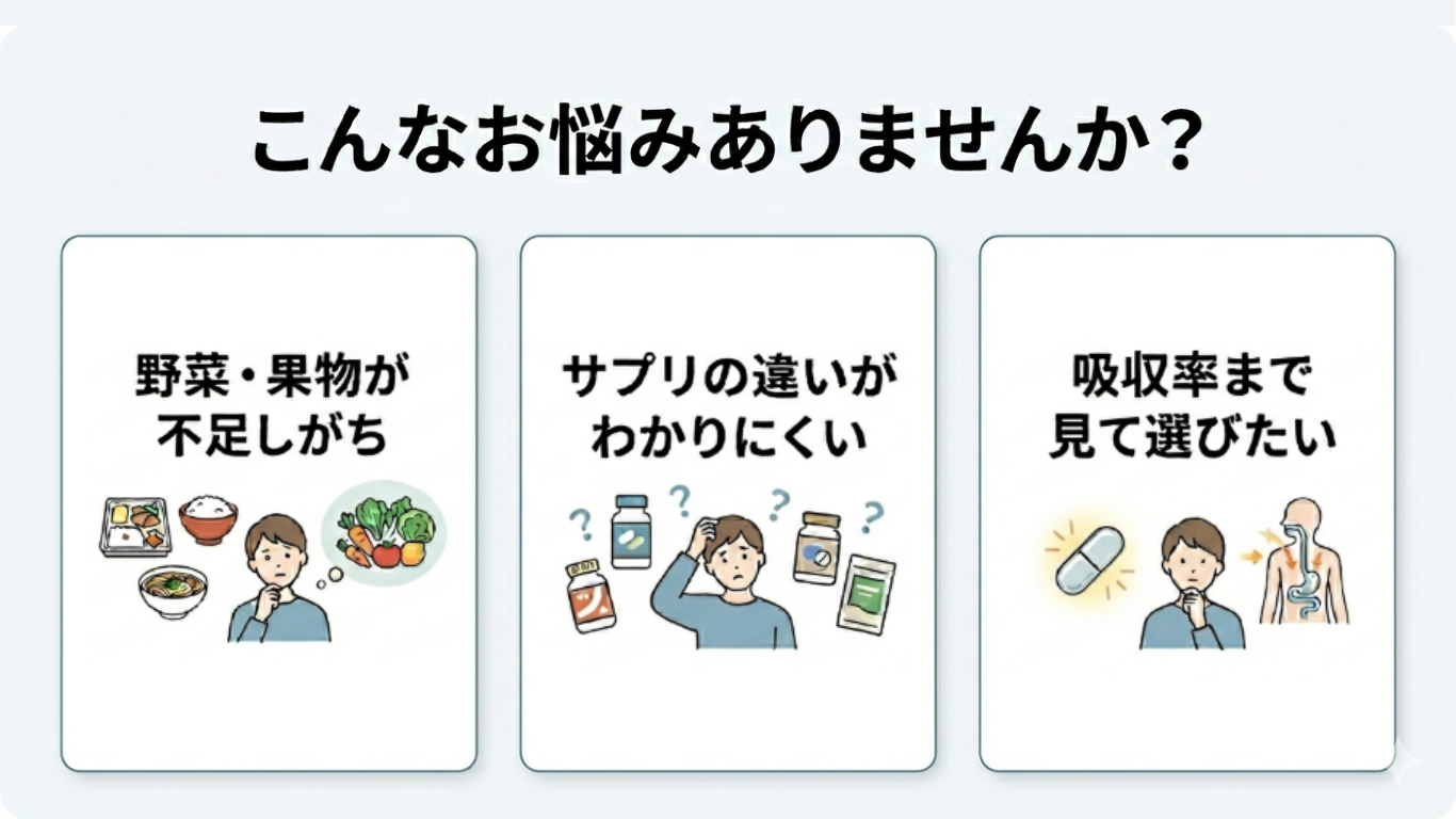 こんなお悩みありませんか？「野菜・果物が不足しがち・違いがわかりにくい・吸収率も見て選びたい」