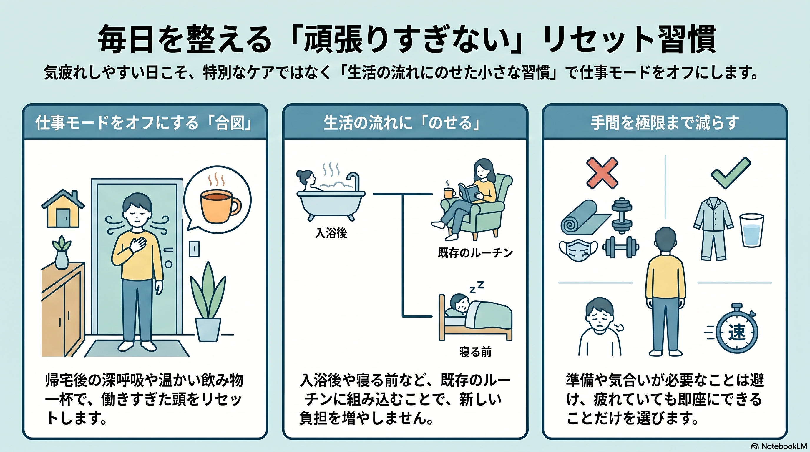 頑張りすぎない習慣。「仕事モードを切り替える合図をつくる・生活の流れにのせる・手間を増やしすぎない」
