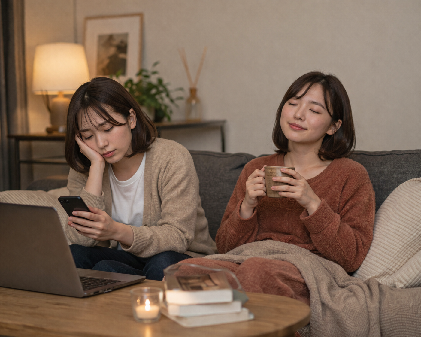 暖かい飲み物をのんでリラックスしている人の画像