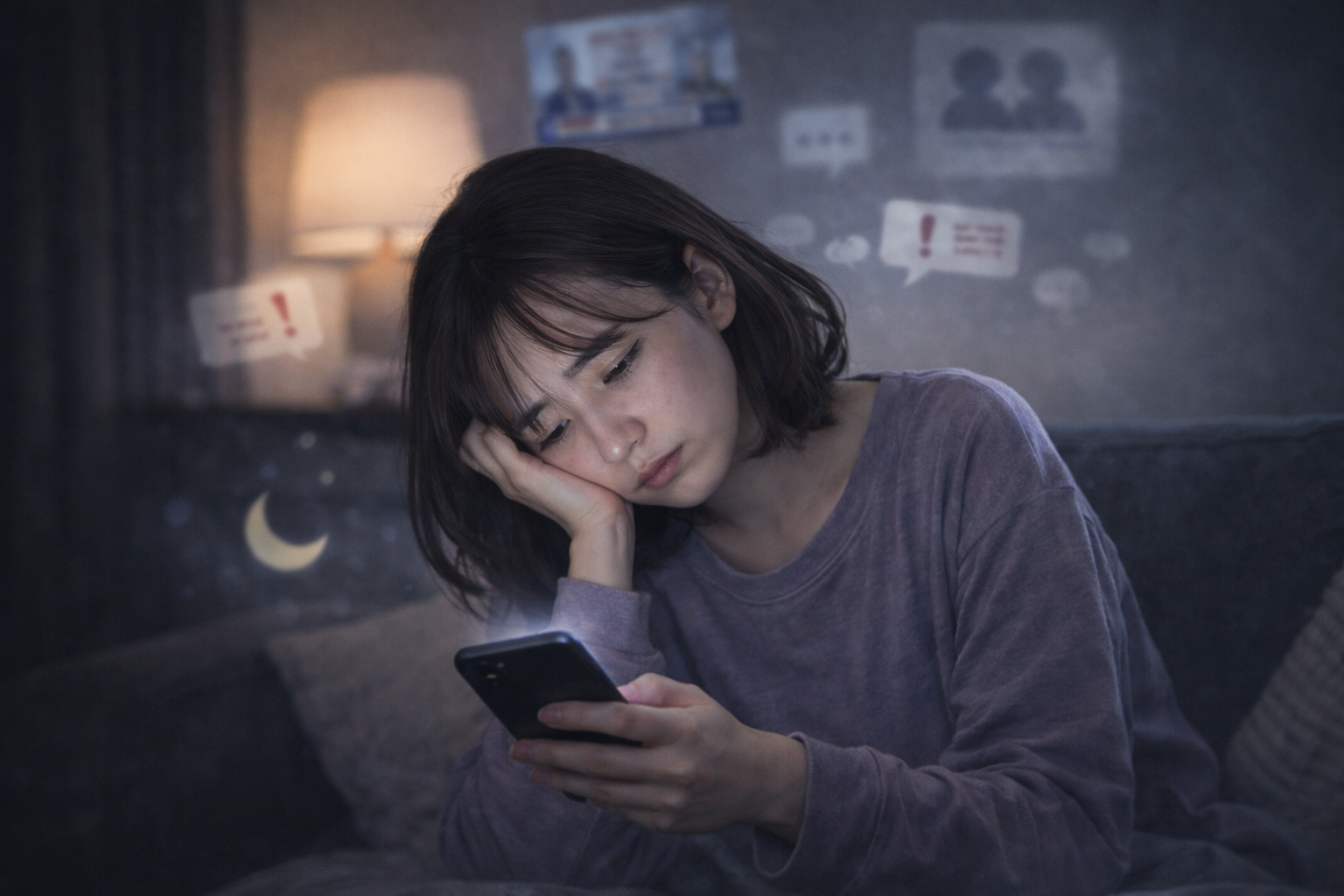 スマホを見て悩んでいる人の様子